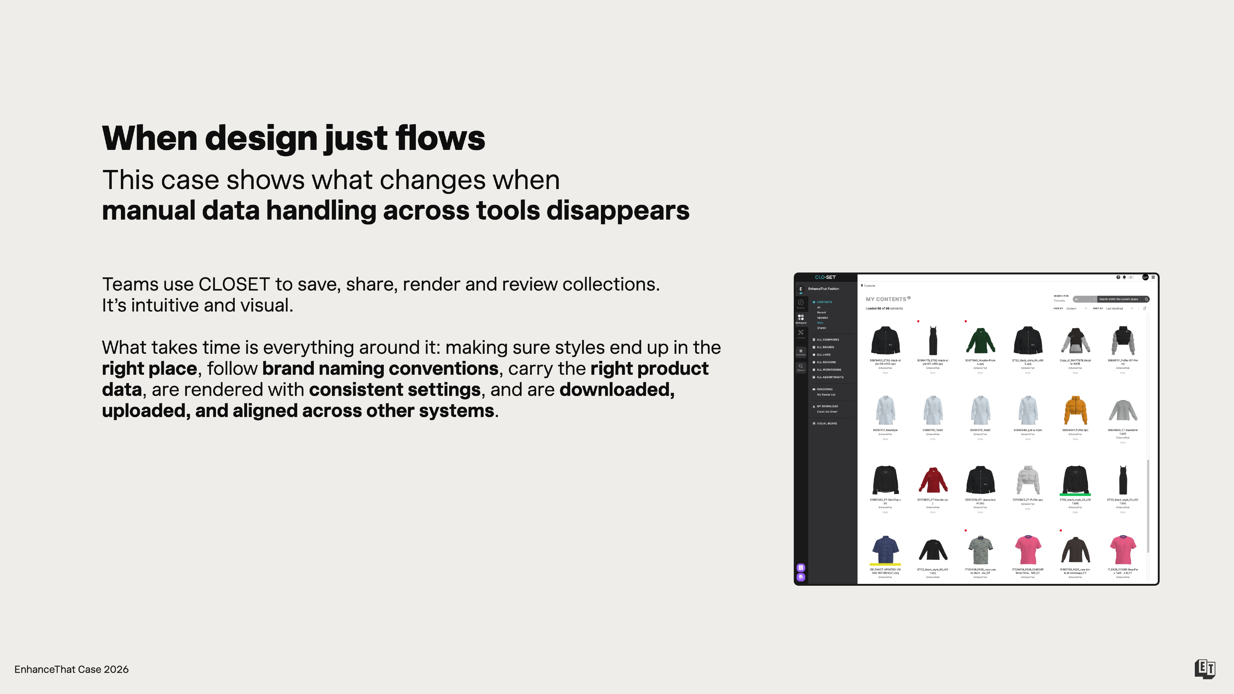 CLOSET collection overview — styles organised by line plan